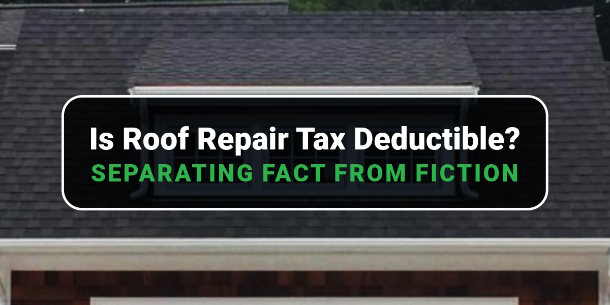 A banner image with a text overlay asking "Is Roof Repair Tax Deductible?" over a house roof with shingles, addressing tax-related roof repair questions.